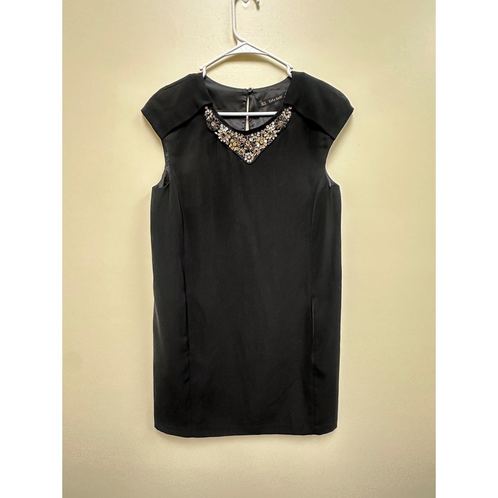 Zara Basic Black Jewel Neck Embellished Mini Shift Dress Women Size M Pockets